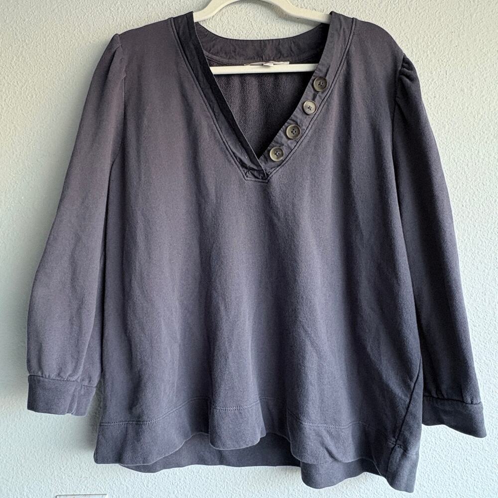 LOFT Grey Green Button Neck Pullover Sweatshirt XL Cotton Cozy